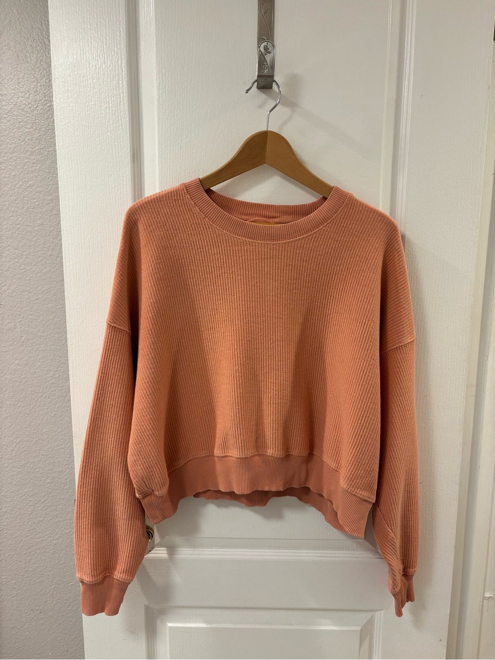 Aerie New Love Corded Cropped Oversized Crewneck Sweatshirt Cotton Coral Peach S